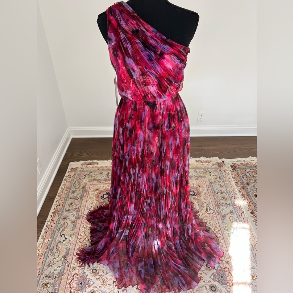 Theia Pleated printed pebble organza one-shoulder gown.